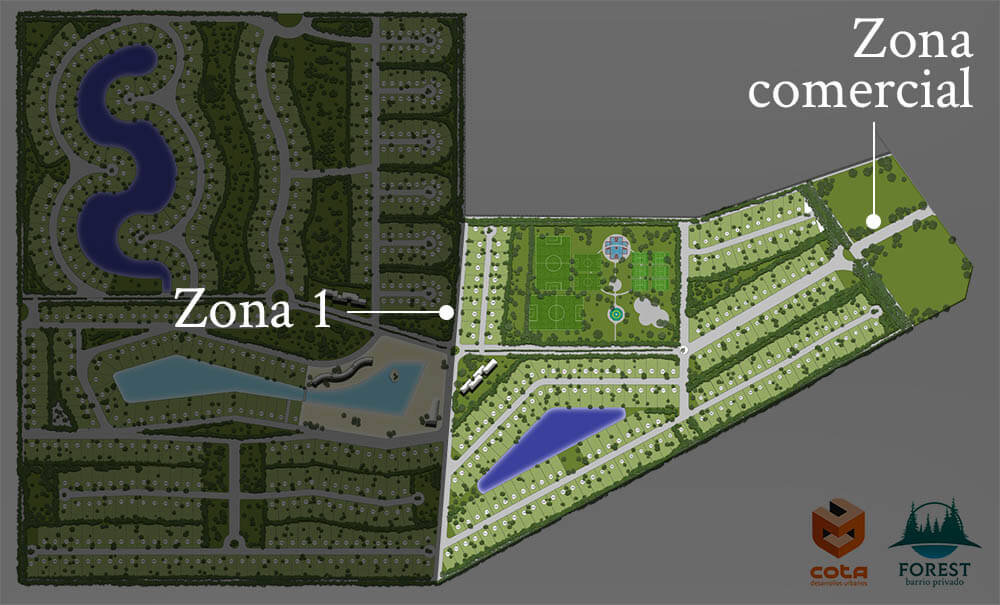 Plano zona 1 con lotes, condominios, área deportiva y zona comercial