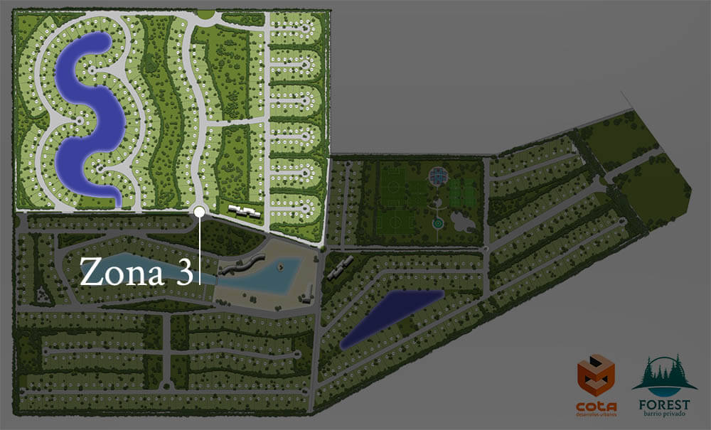 Plano zona 3 con lotes, condominios y laguna con equilibrio ecologico